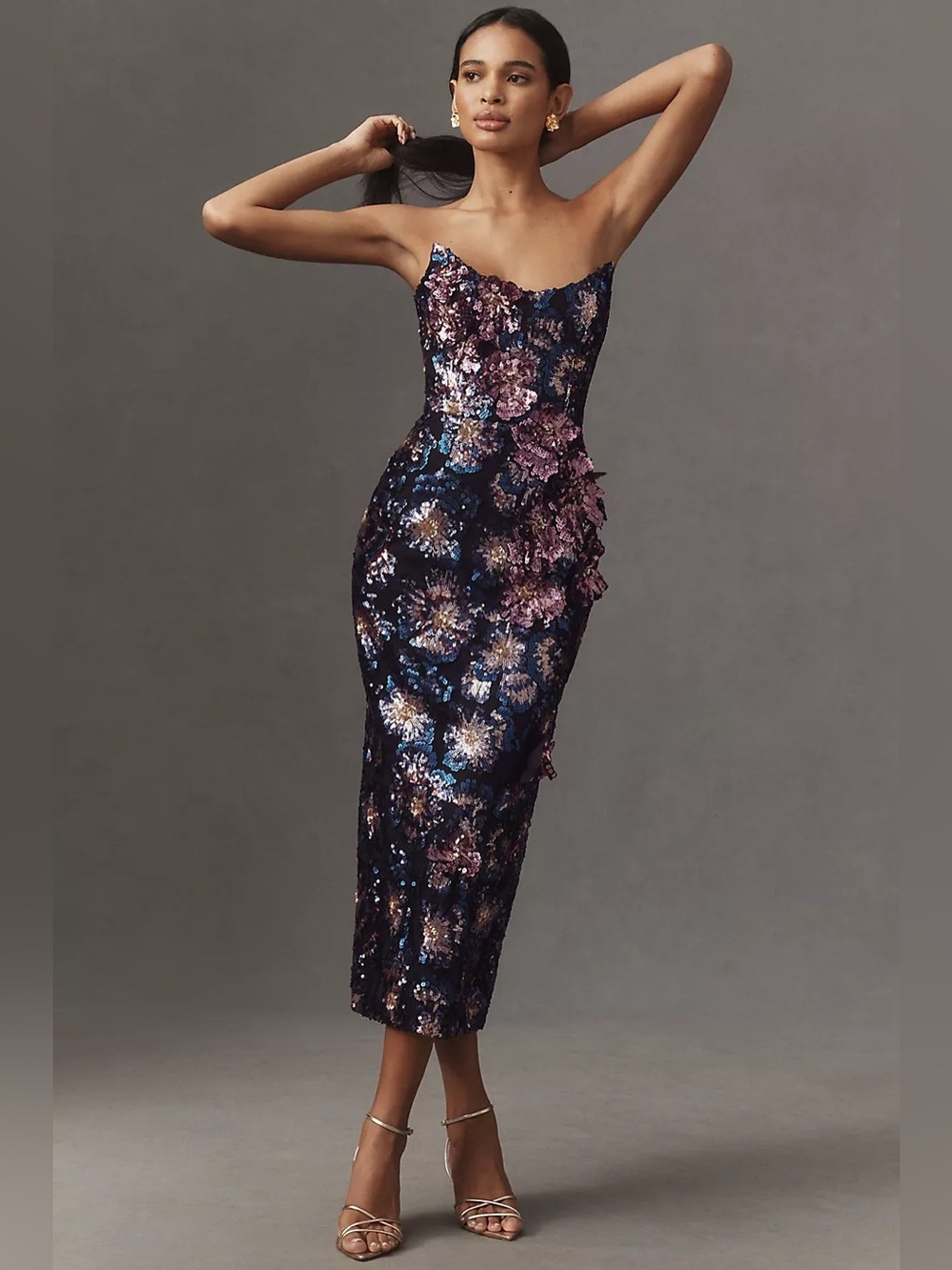Helsi Rachel Strapless 3D Floral  Sequined Wedding Guest Midi Dress size S NWT